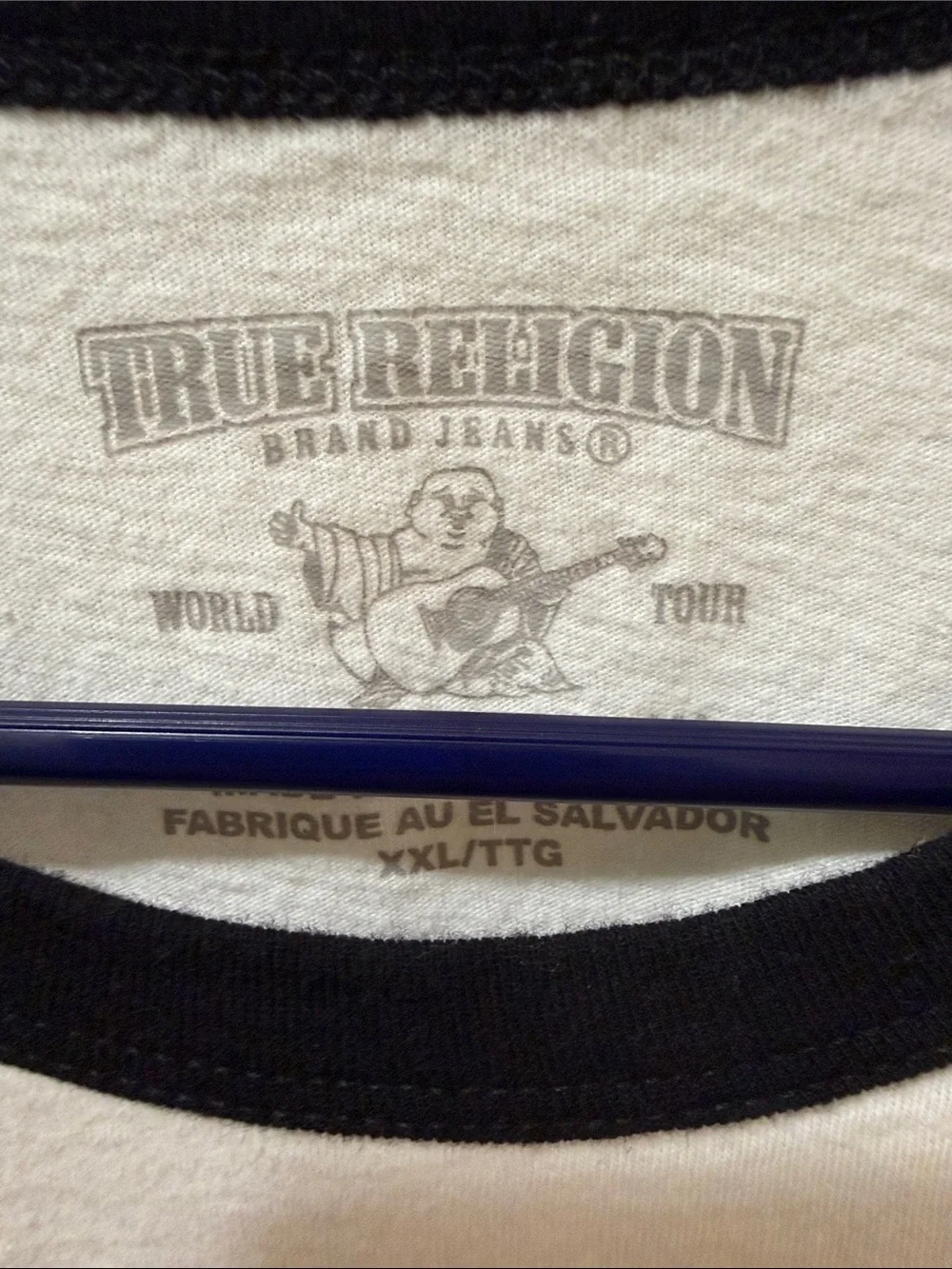 True Religion White and Black Raglan Graphic Tee with Red Accent